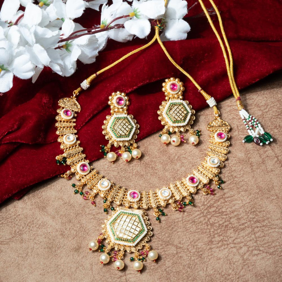 Gold Tone Rajwadi Necklace Set | Bridal Jewellery India