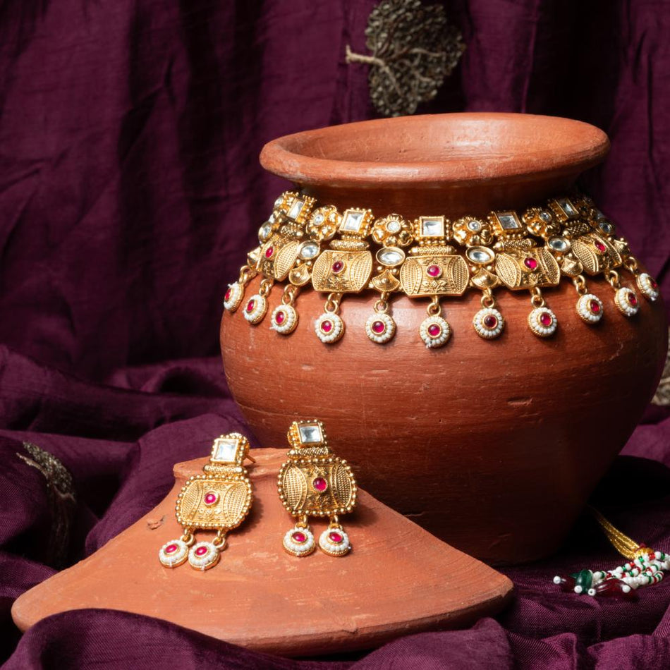 Rajwadi Necklace Set in Brass Copper Gold Plated | Bridal Jewellery India
