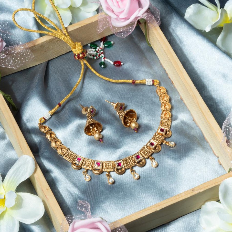 Rajwadi Necklace Set in Brass Copper Gold Plated | Bridal Jewellery India