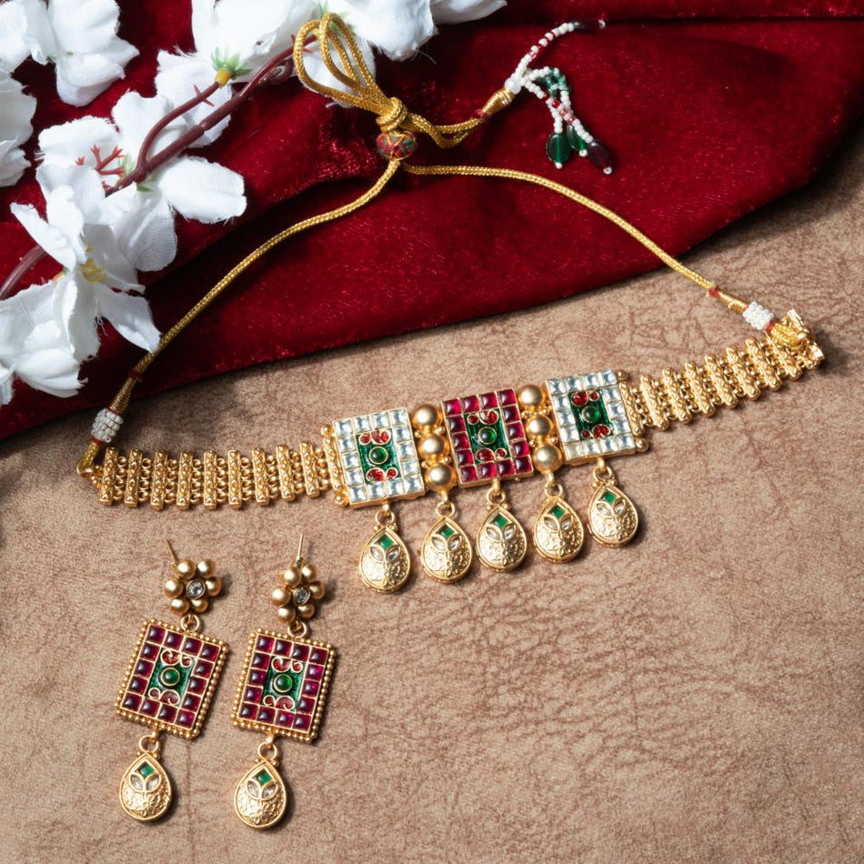 Rajwadi Necklace Set in Brass Copper Gold Plated | Bridal Jewellery India