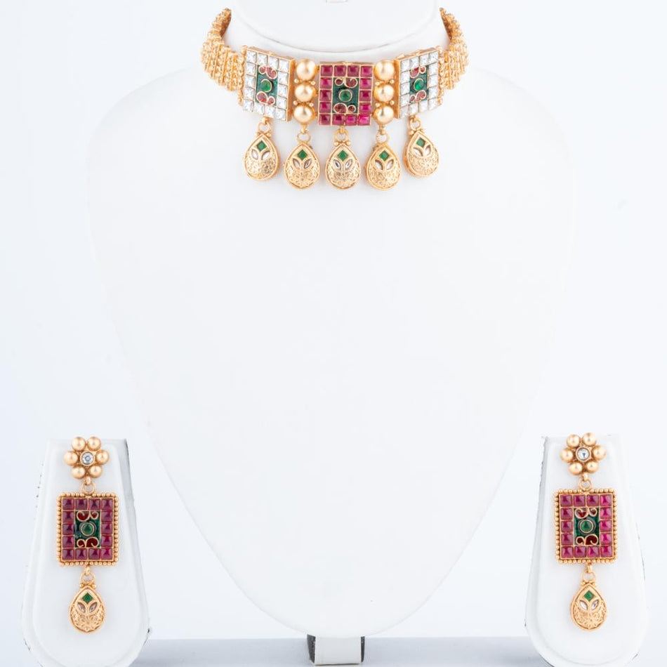 Rajwadi Necklace Set in Brass Copper Gold Plated | Bridal Jewellery India