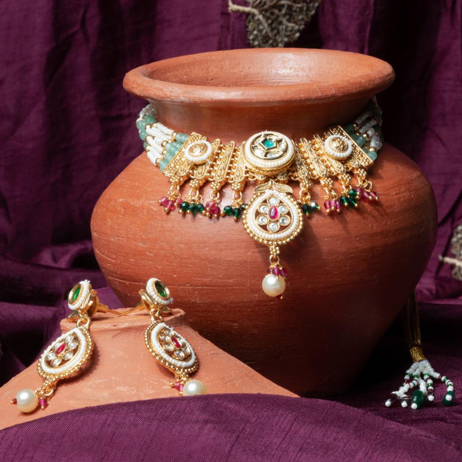 Rajwadi Necklace Set in Brass Copper Gold Plated | Bridal Jewellery India
