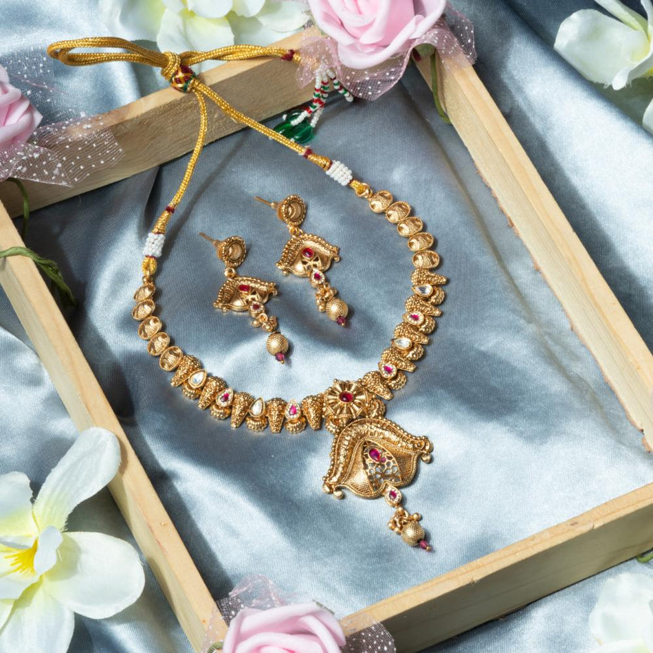 Gold Tone Rajwadi Necklace Set for Bridal | Bridal Jewellery India