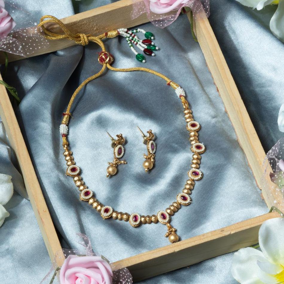 Rajwadi Necklace Set in Brass Copper Gold Plated | Bridal Jewellery India