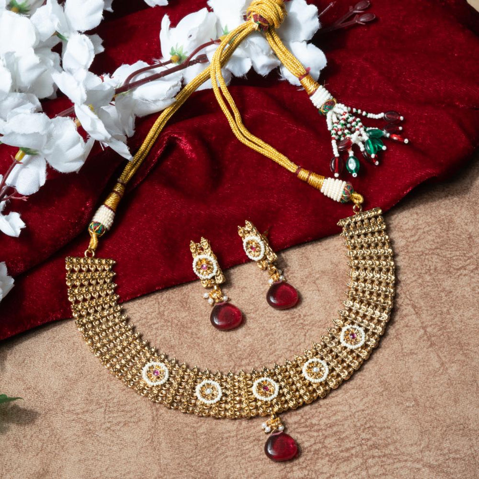 Rajwadi Necklace Set in Brass Copper Gold Plated | Bridal Jewellery India