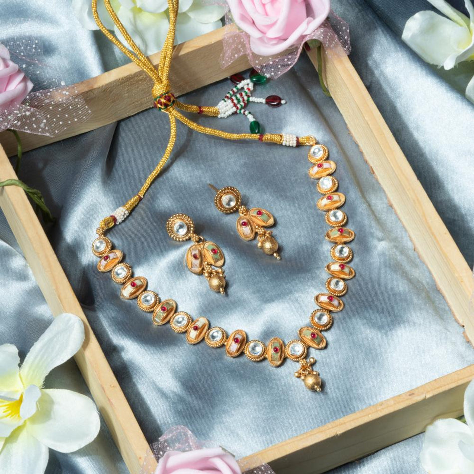 Rajwadi Meenakari Necklace in Brass Gold Plated | Bridal Jewellery India