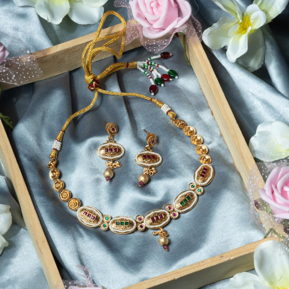 Gold Tone Rajwadi Necklace Set for Bridal Wear | Bridal Jewellery India