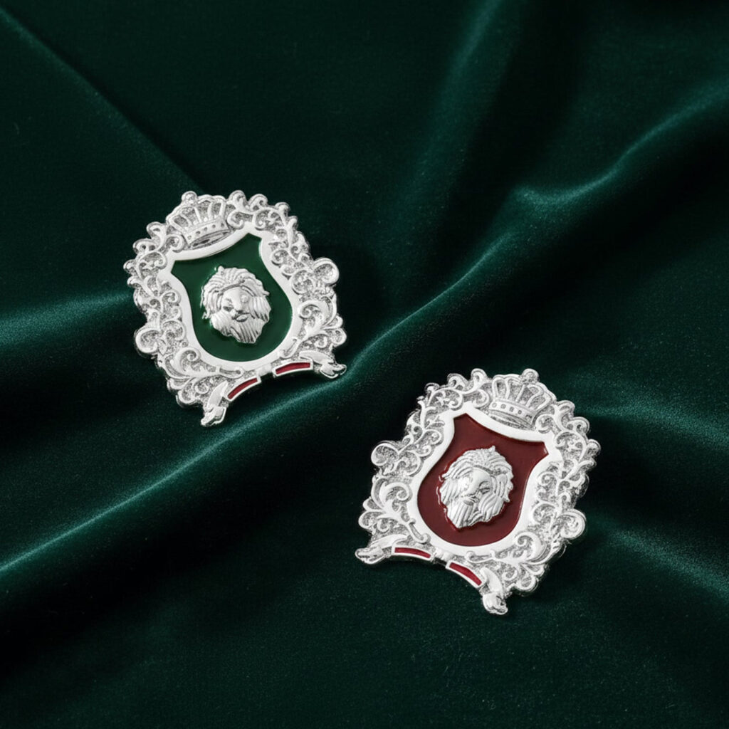 Royal Crest Lion Head Pin in Green   Maroon Enamel for Men | Bridal Jewellery India
