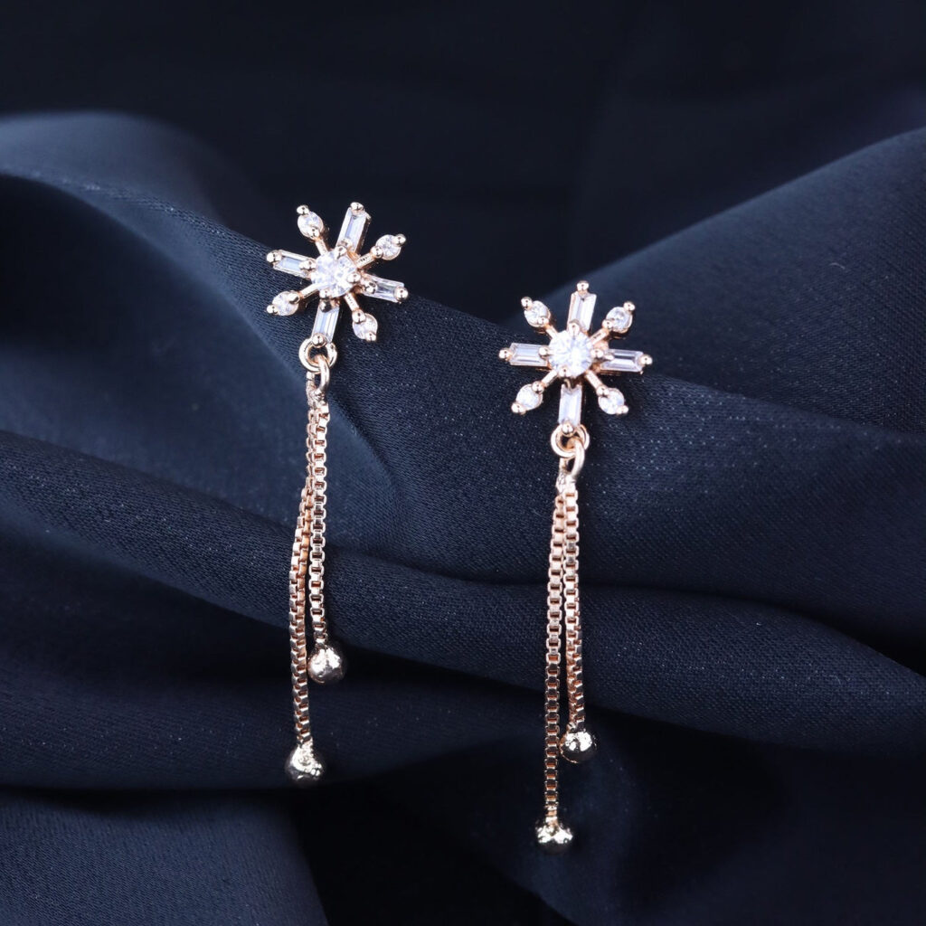 Rose Gold Plated Stud Earrings with CZ and Diamond Tassel | Bridal Jewellery India