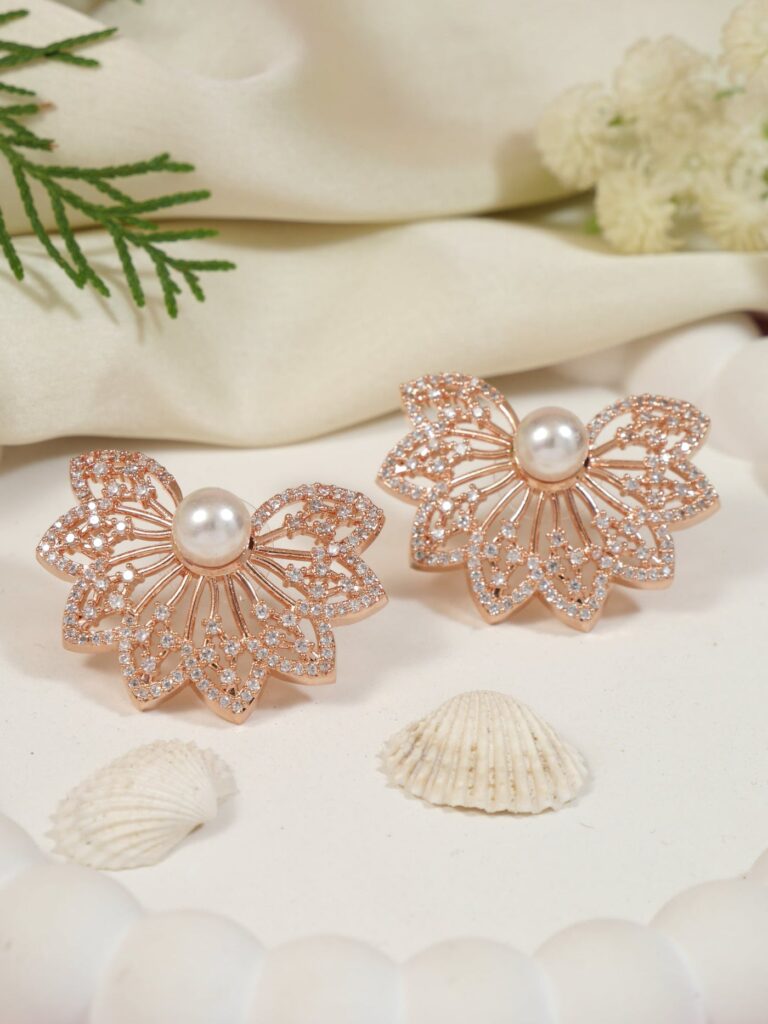 Rose Gold Plated Cubic Zirconia Pearl Studs for Women | Bridal Jewellery India