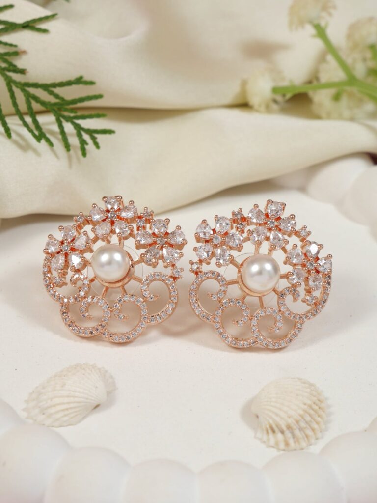 Rose Gold Plated Cubic Zirconia Pearl Studs for Women | Bridal Jewellery India