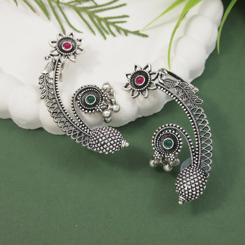 Floral Oxidised Silver Ear Cuffs with Ghungroo Drops for | Bridal Jewellery India