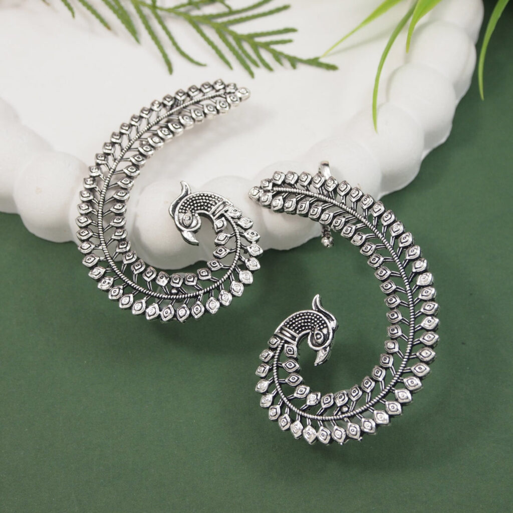 Peacock Silver Oxidised Earrings for Women | Bridal Jewellery India