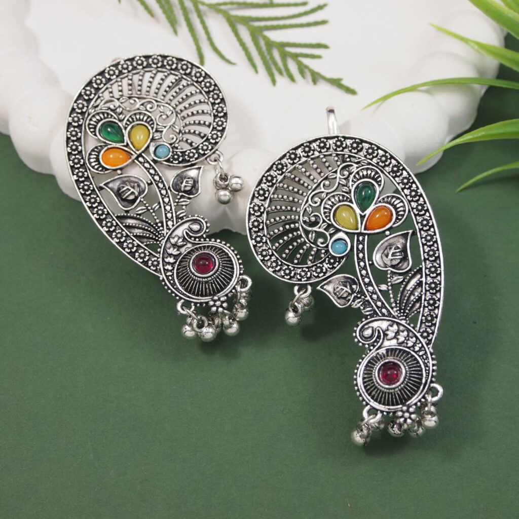 Oxidised Silver Paisley Earrings with Ghungroo Drops for | Bridal Jewellery India