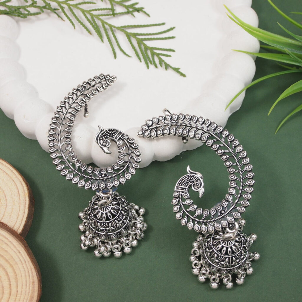 Peacock Earrings in Oxidised Silver | Bridal Jewellery India