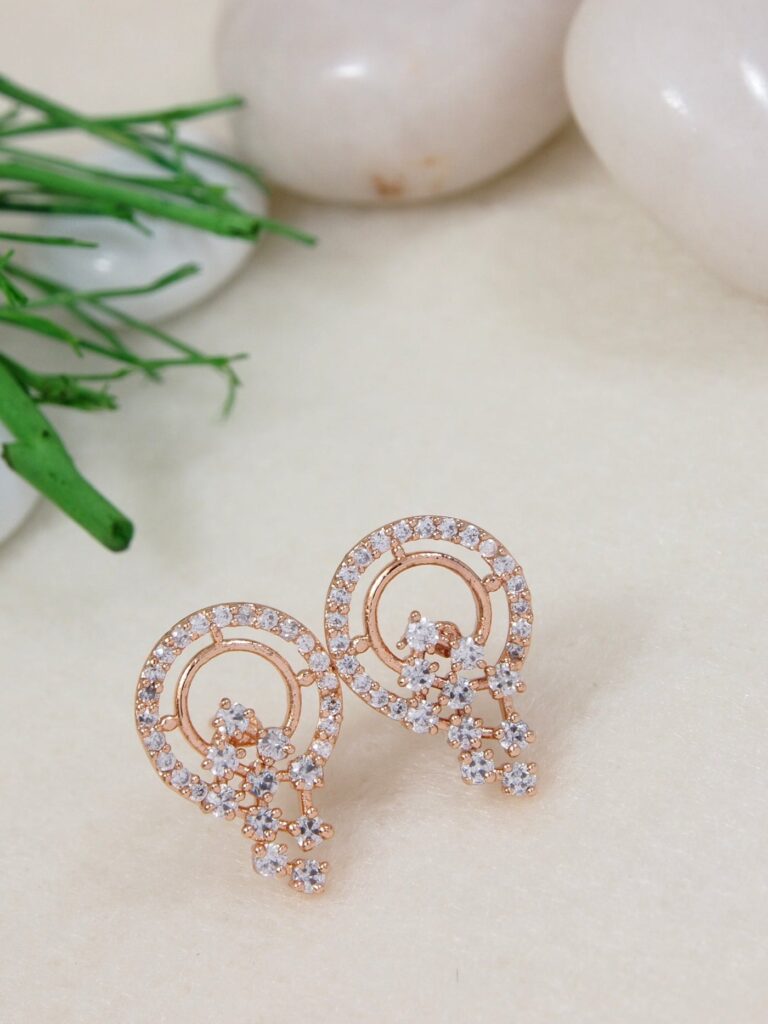 Rose Gold Plated Cubic Zirconia Stud Earrings Women | Bridal Jewellery India