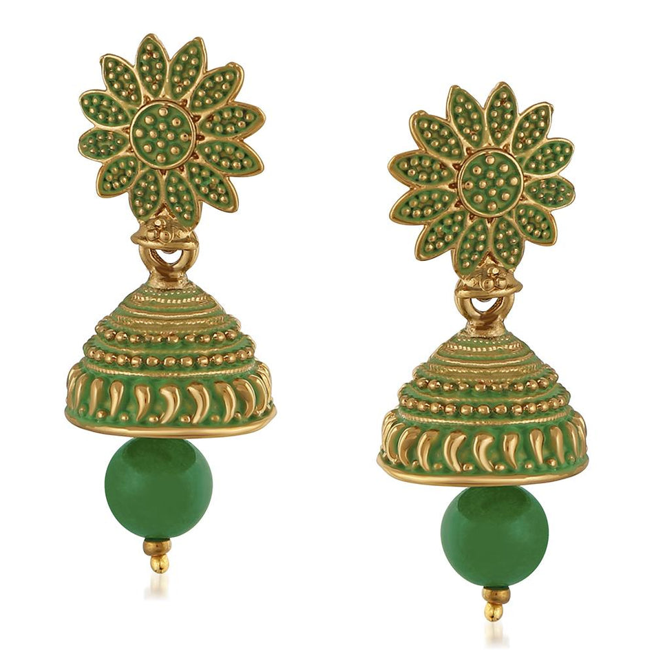 Meenakari Green Floral Earrings in Silver | Bridal Jewellery India