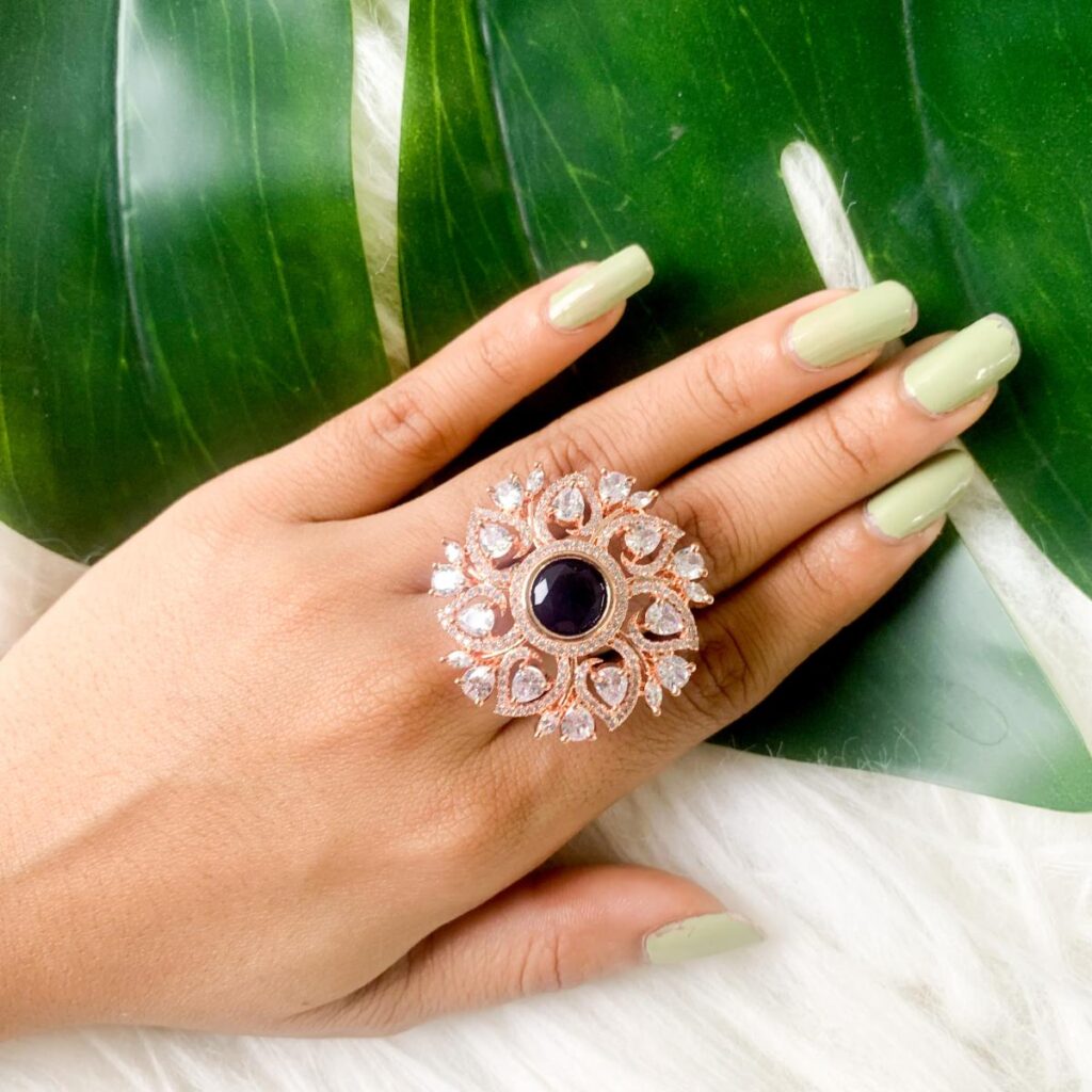 Rose Gold Plated CZ Floral Finger Ring Women Girls Blue | Bridal Jewellery India