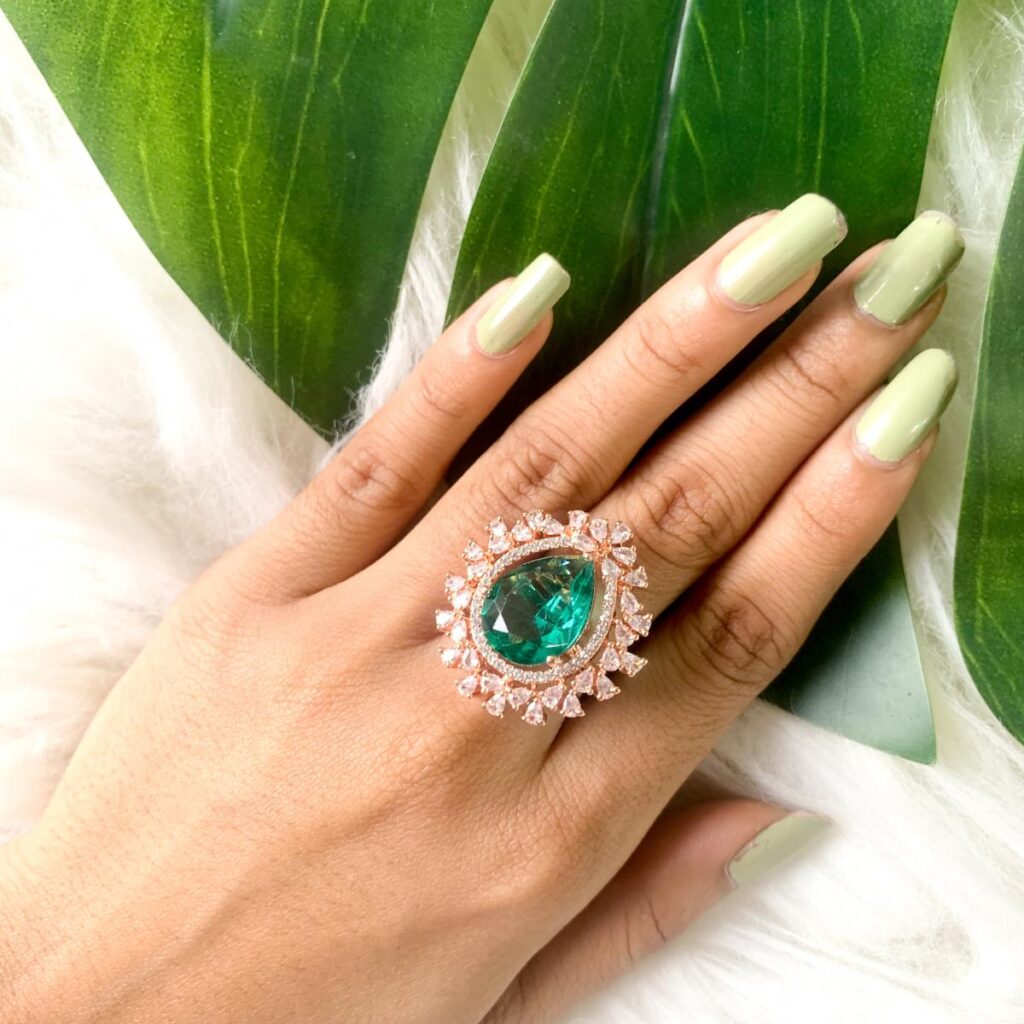 Rose Gold Plated CZ Teardrop Rings Women Big Finger Bands | Bridal Jewellery India