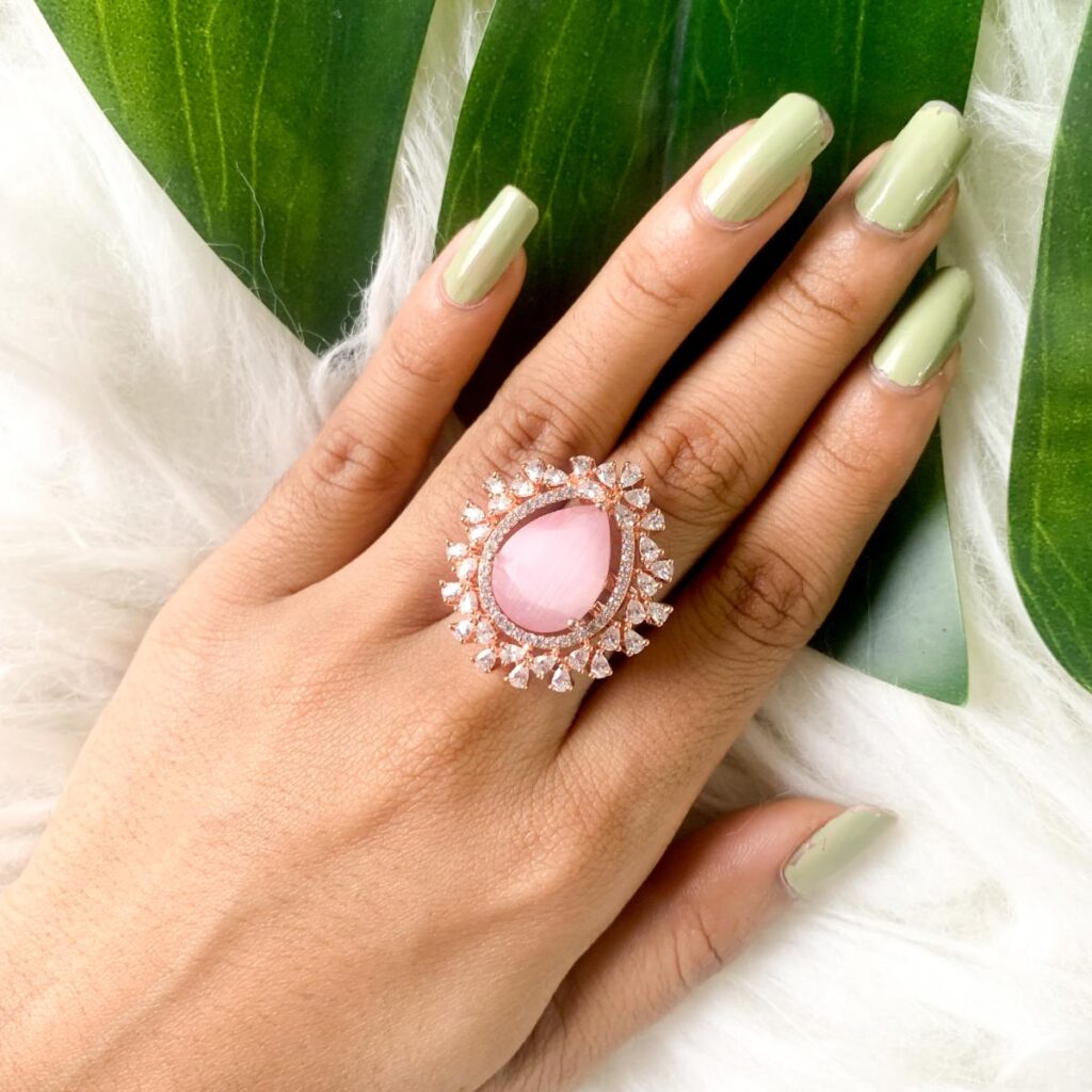 Rose Gold Plated CZ Teardrop Rings for Women Occasion | Bridal Jewellery India