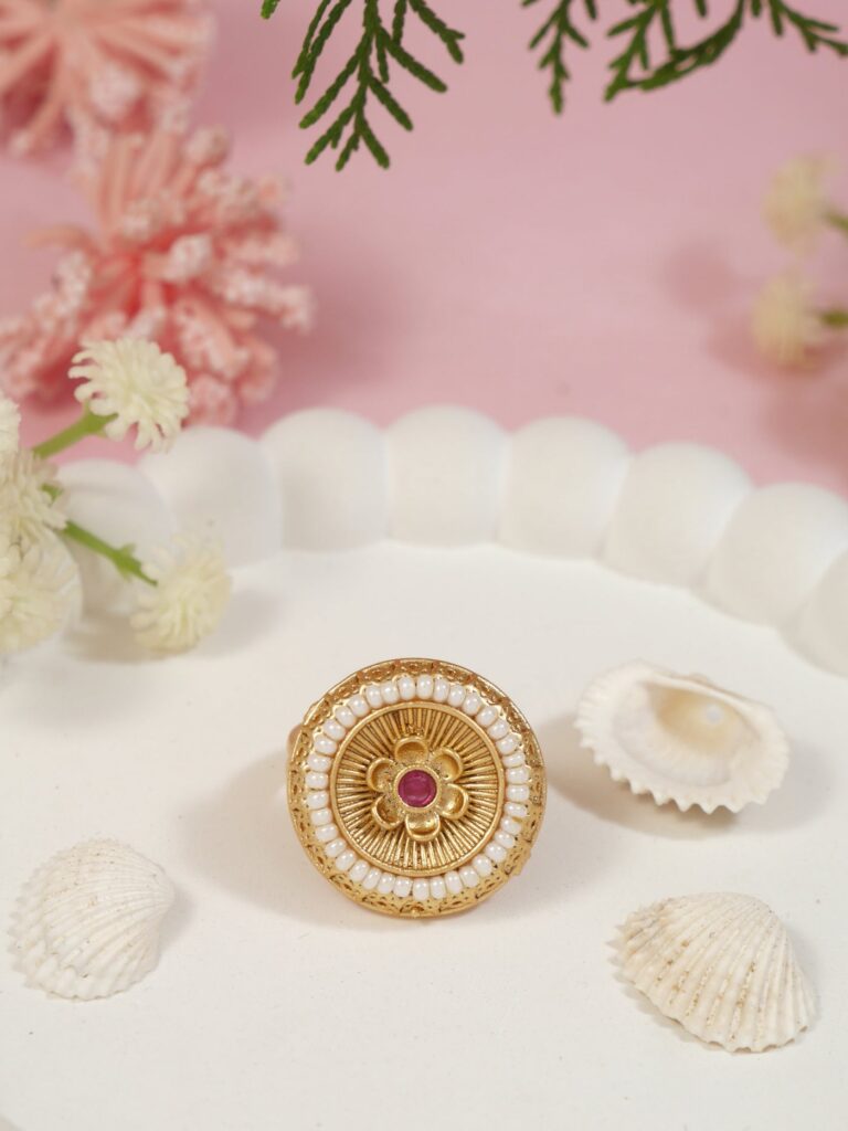 Gold Plated Finger Ring with Traditional Floral Design for Women | Bridal Jewellery India