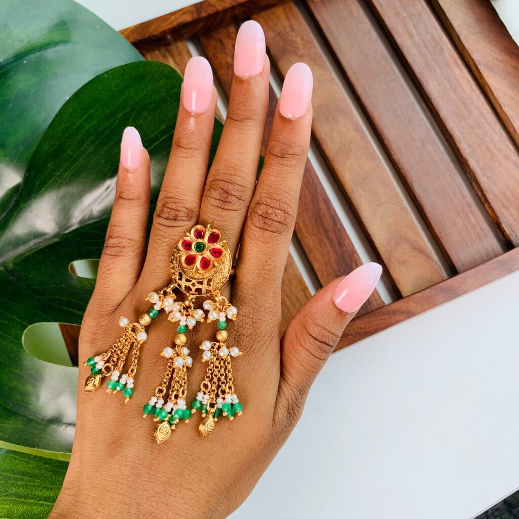 Pearl Drop Finger Ring in Silver with Latkan Chain | Bridal Jewellery India