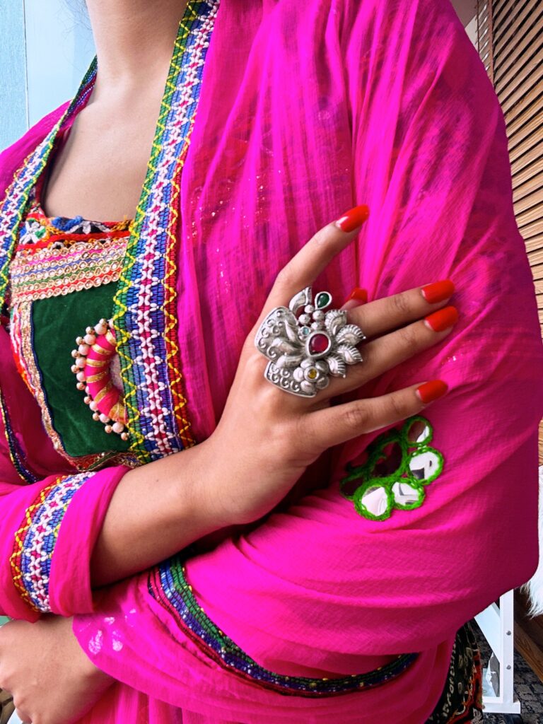 Oxidised Silver Floral Leaf Ring with Multicolour Stones | Bridal Jewellery India