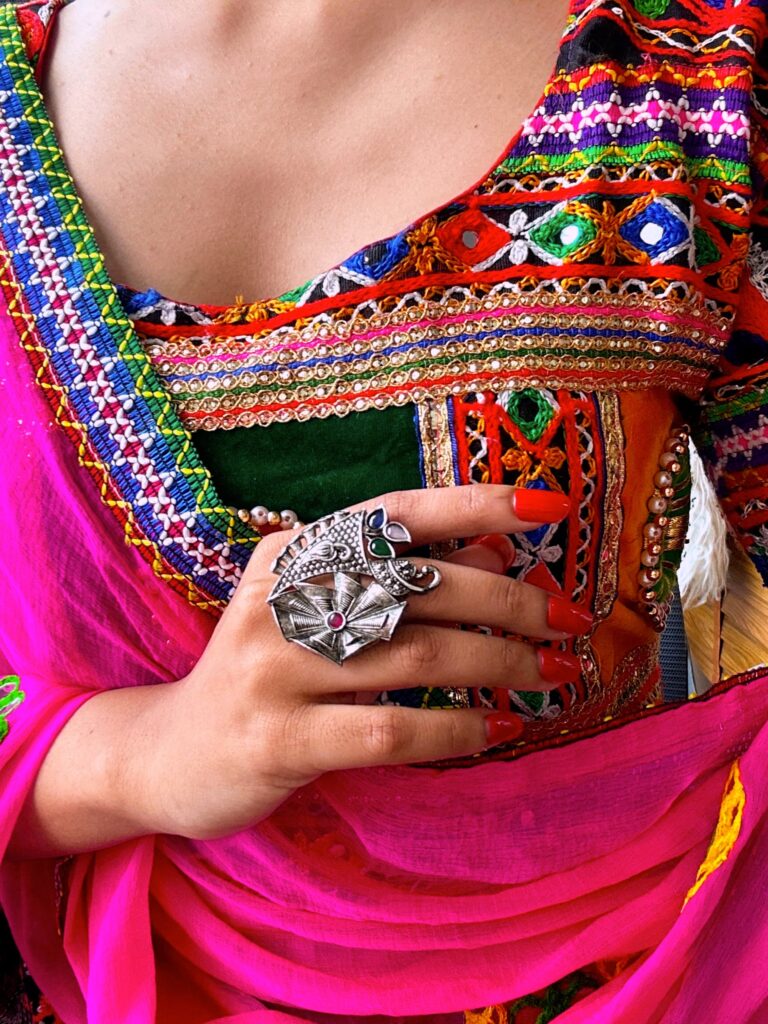 Oxidised Silver Floral Ring with Multicolour Stones FL279OX | Bridal Jewellery India
