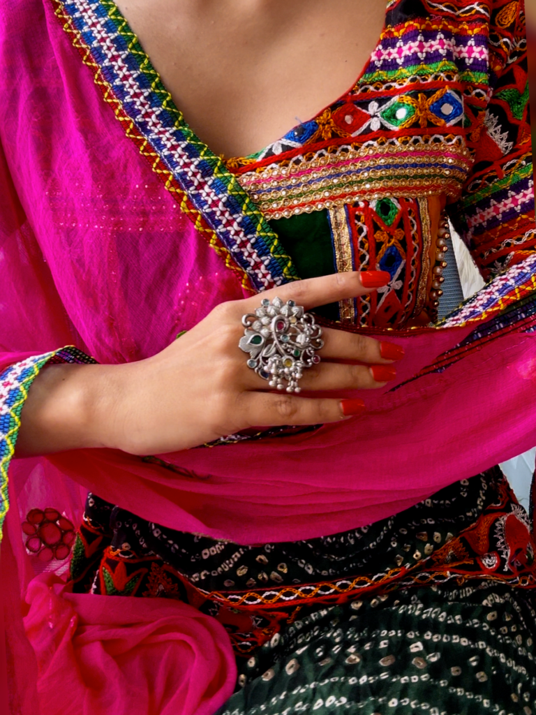 Oxidised Elephant Ring with Multicolour Stones | Bridal Jewellery India