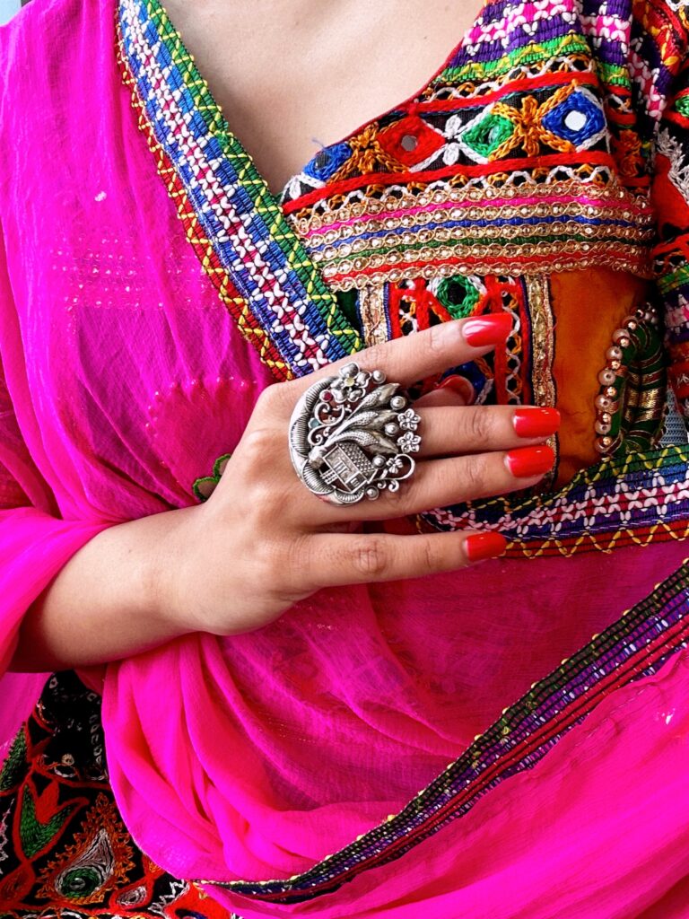 Oxidised Floral Ring with Multicolour Stones | Bridal Jewellery India
