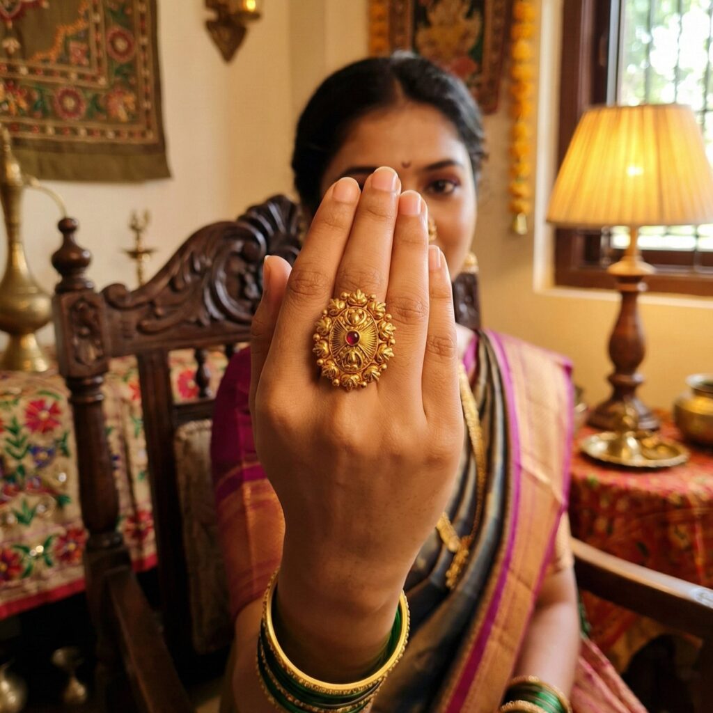 High Gold Plated Royal Pota Stone Ring | Bridal Jewellery India