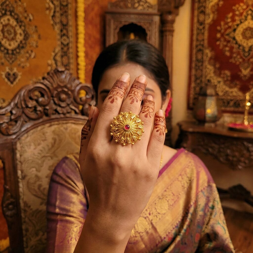 High Gold Plated Royal Pota Stone Ring | Bridal Jewellery India