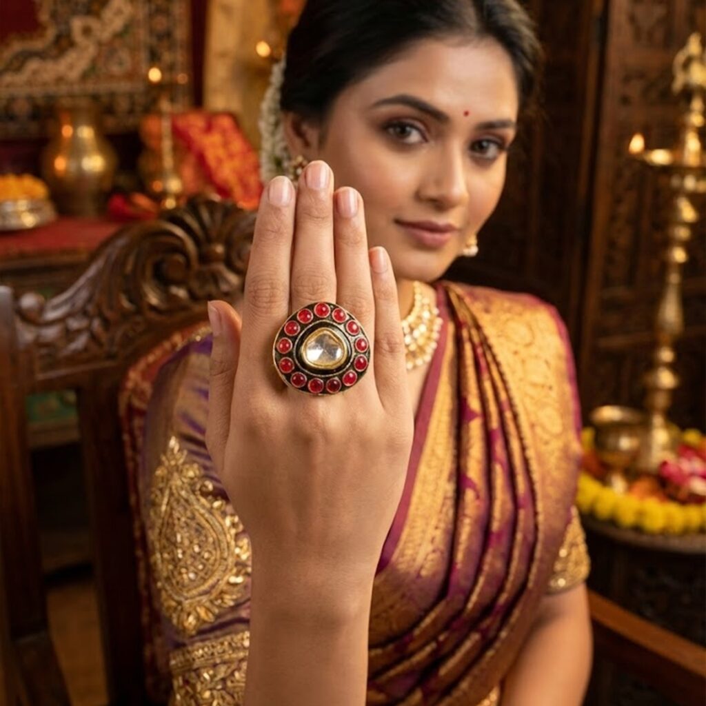 Kundan Stone Meenakari Ring in High Gold Plated | Bridal Jewellery India