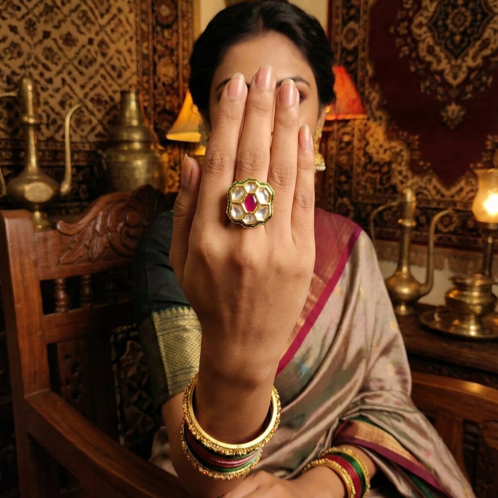 Kundan Stone Meenakari Ring in High Gold Plated | Bridal Jewellery India