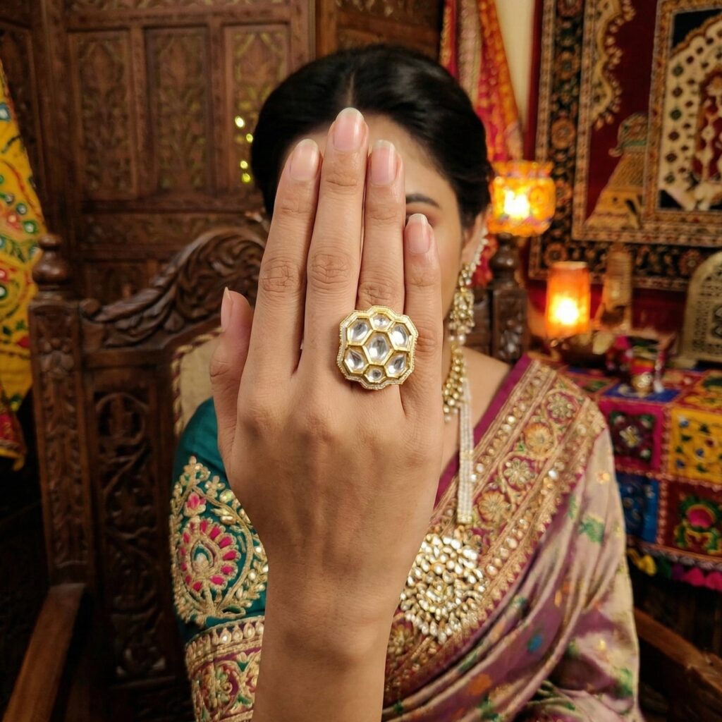 Kundan Stone Meenakari Ring in High Gold Plated | Bridal Jewellery India