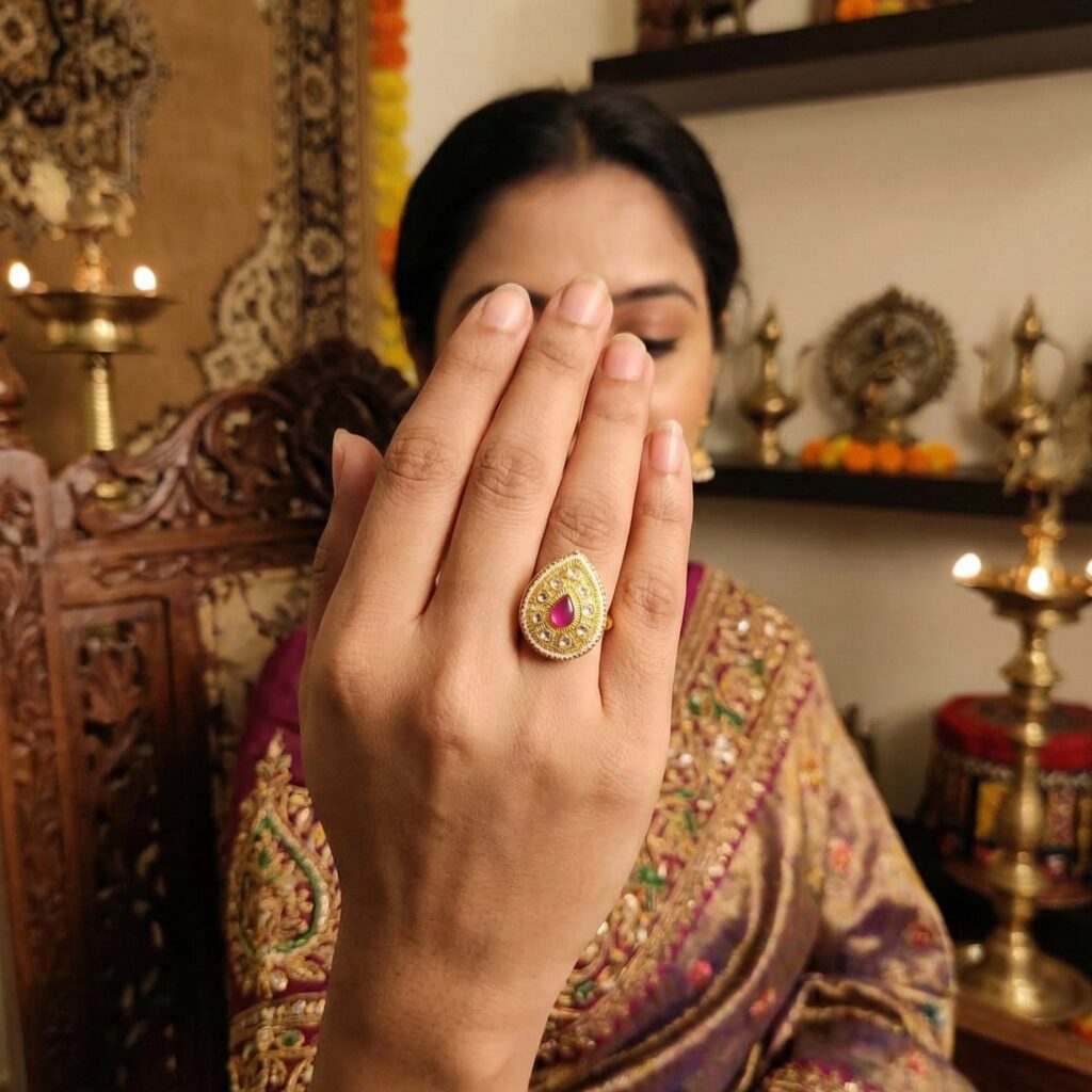 High Gold Plated Meenakari Kundan Stone Ring | Bridal Jewellery India