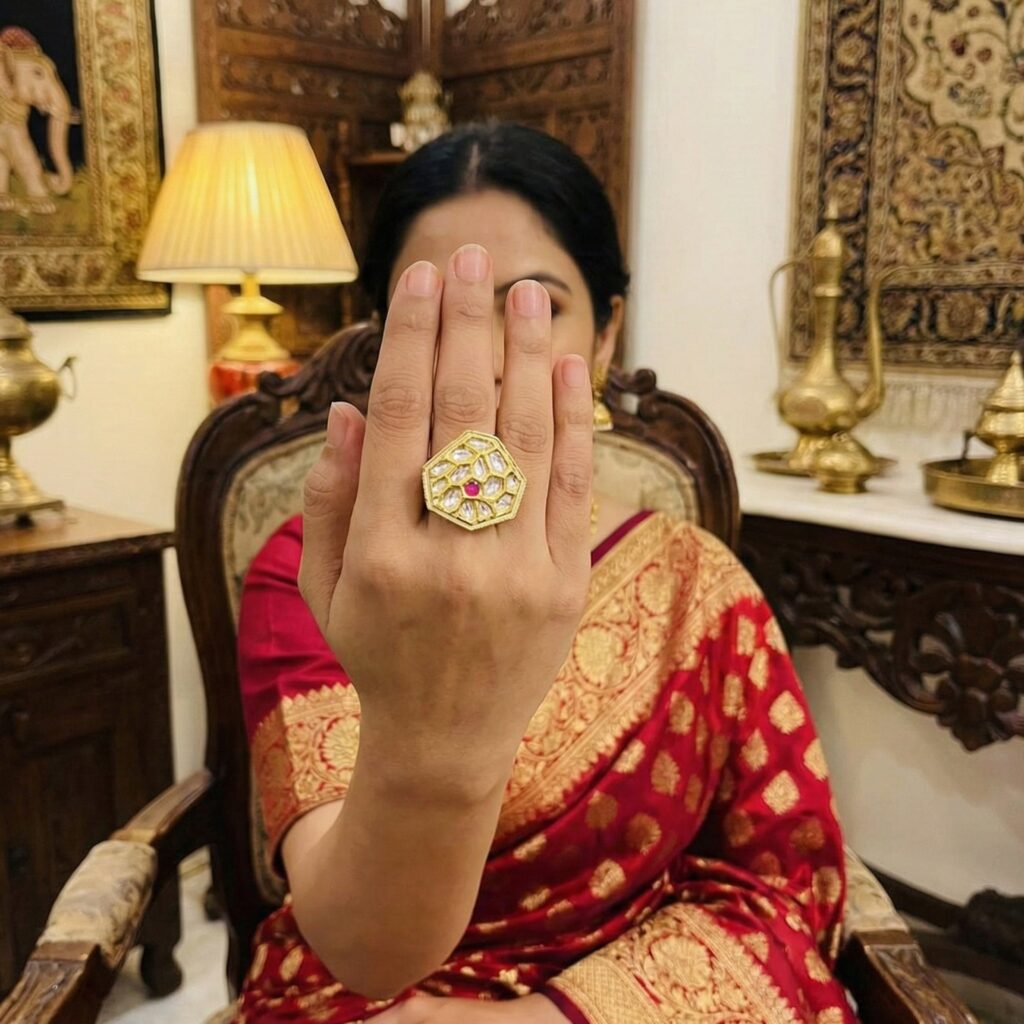 High Gold Plated Kundan Stone Meenakari Ring | Bridal Jewellery India