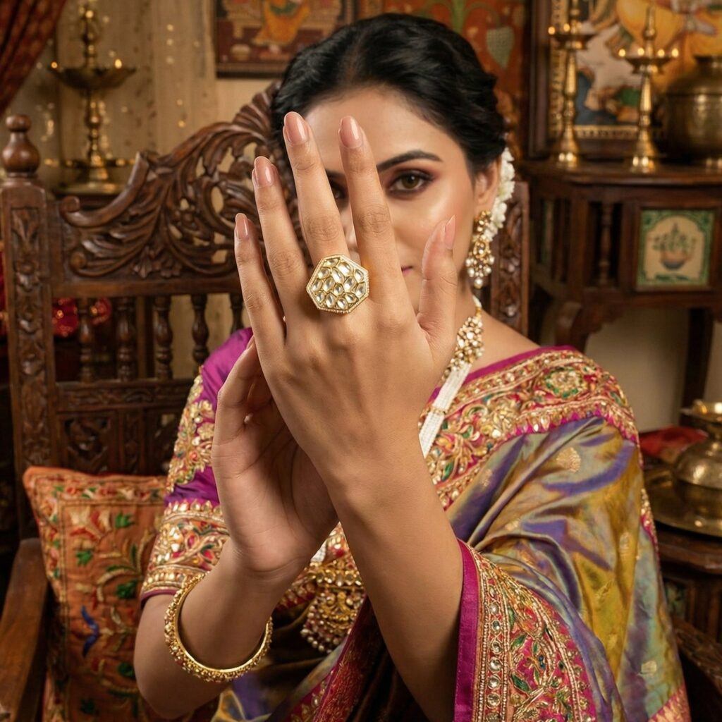 High Gold Plated Kundan Stone Meenakari Ring | Bridal Jewellery India