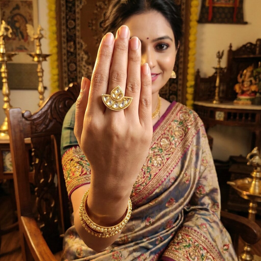 High Gold Plated Kundan Stone Meenakari Ring | Bridal Jewellery India