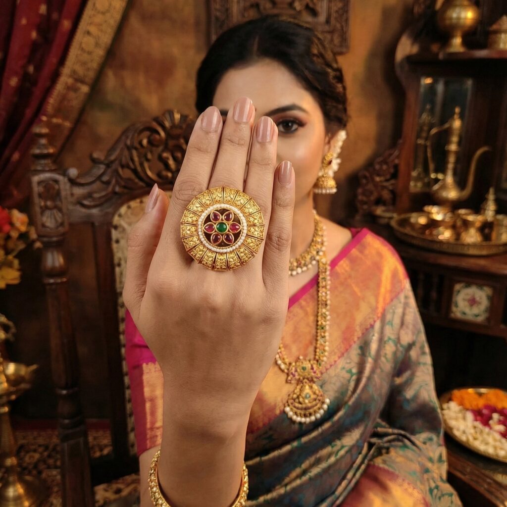 High Gold Plated Royal Pota Stone Pearl Ring | Bridal Jewellery India