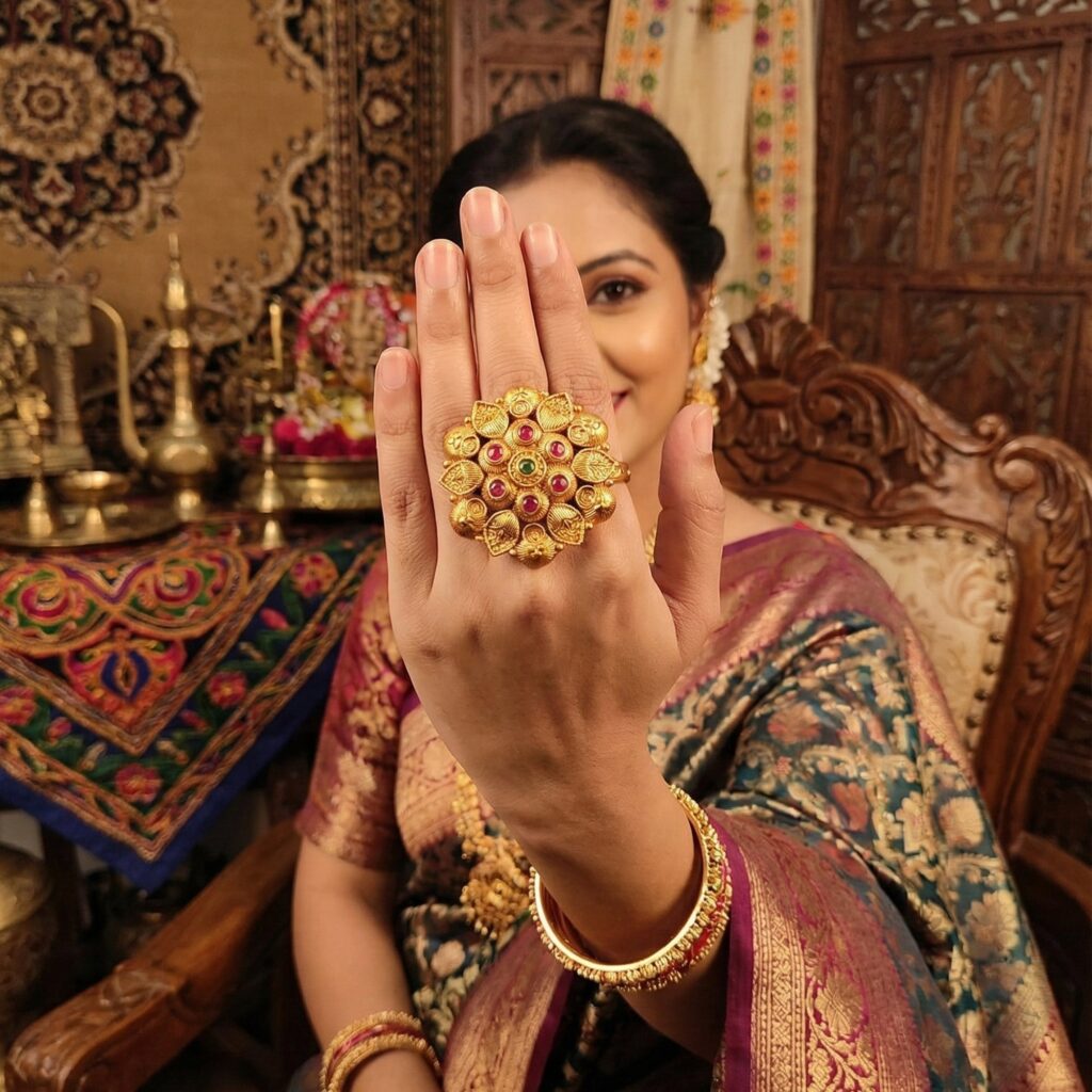 High Gold Plated Royal Pota Stone Ring | Bridal Jewellery India