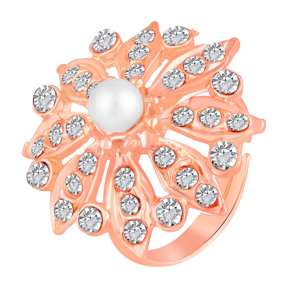 Rose Gold Tone Floral Finger Ring with Pearl Crystal | Bridal Jewellery India