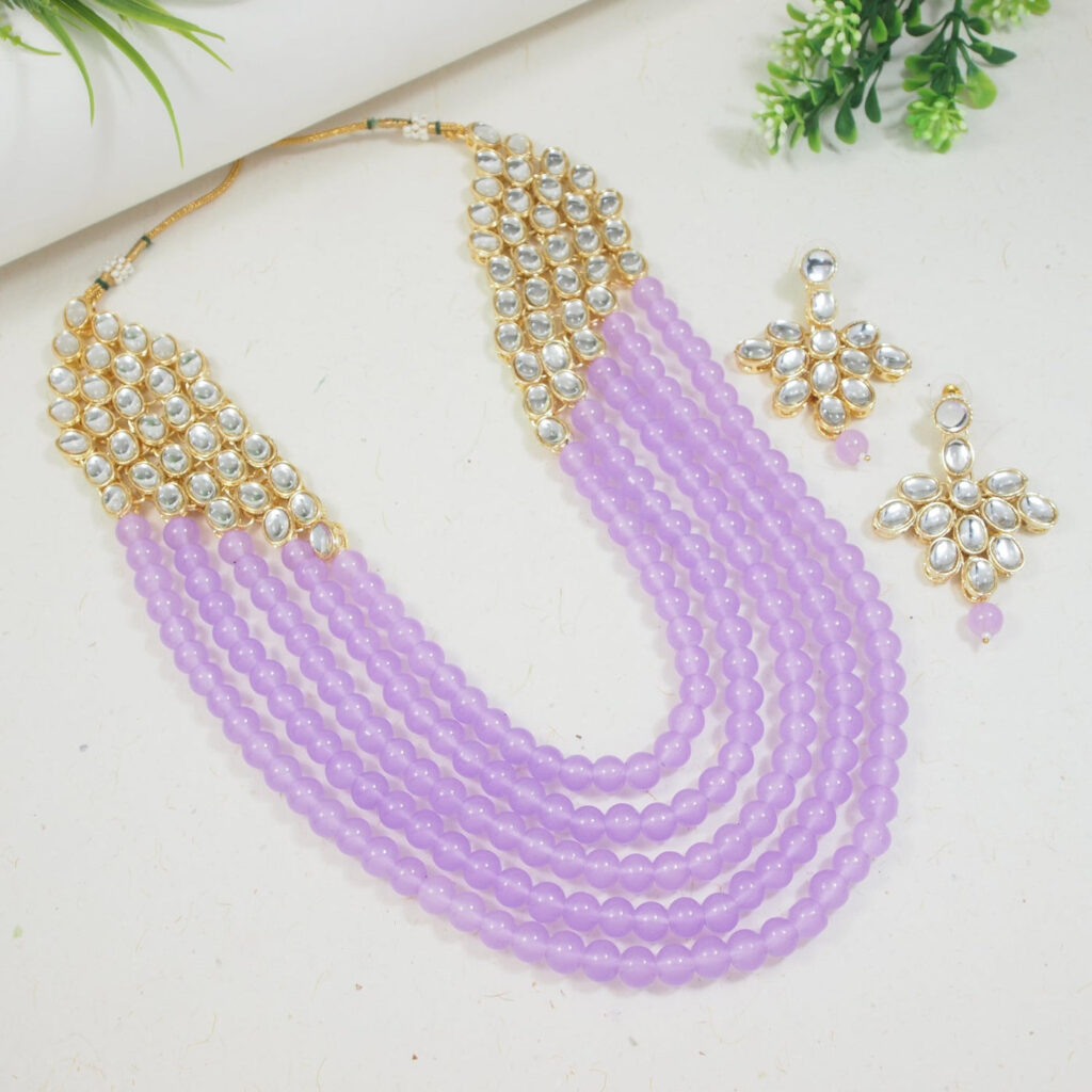 Rhodium Plated Faux Mother of Pearl Necklace with Earrings | Bridal Jewellery India