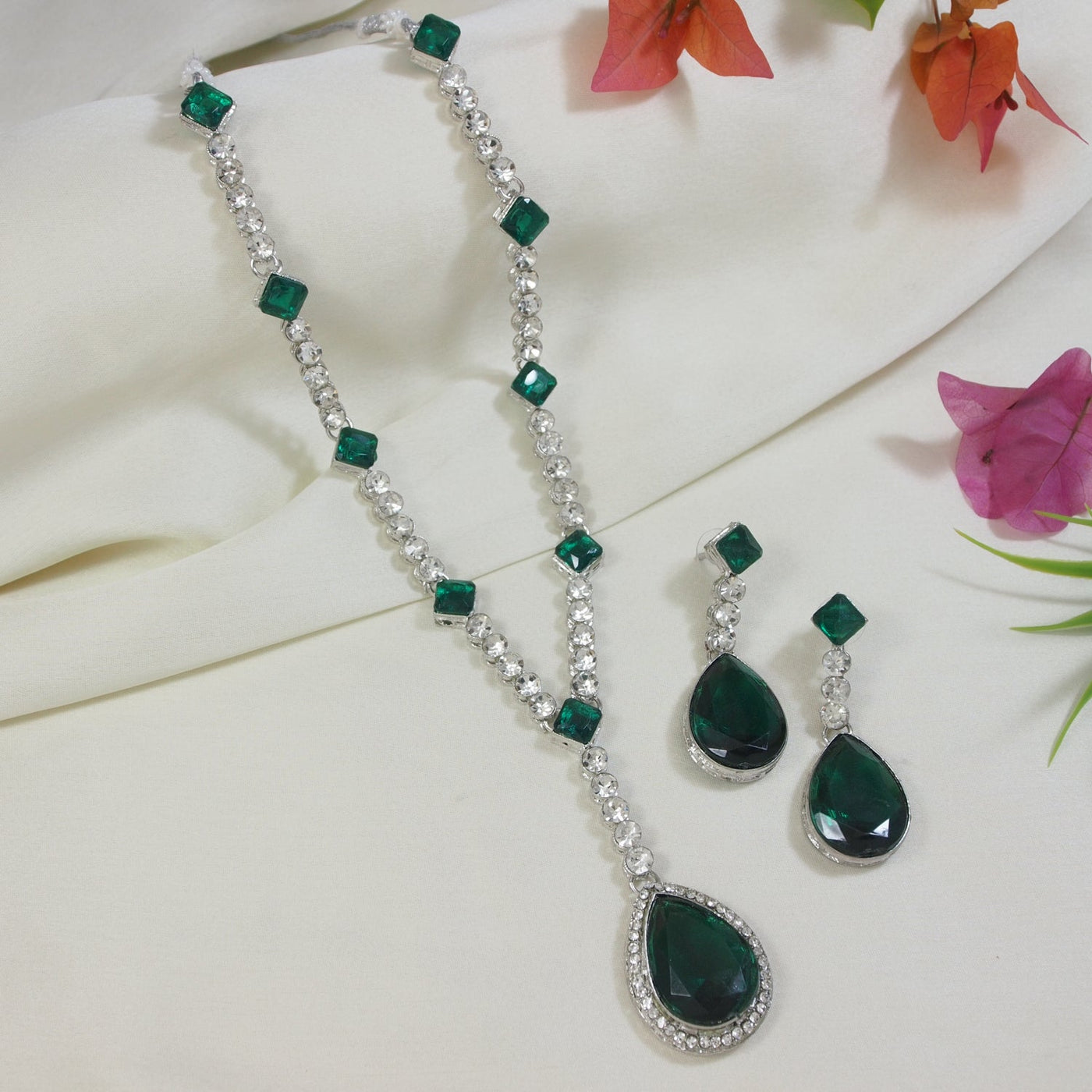 Crystal Drop Necklace in Silver with Green Stones | Bridal Jewellery India