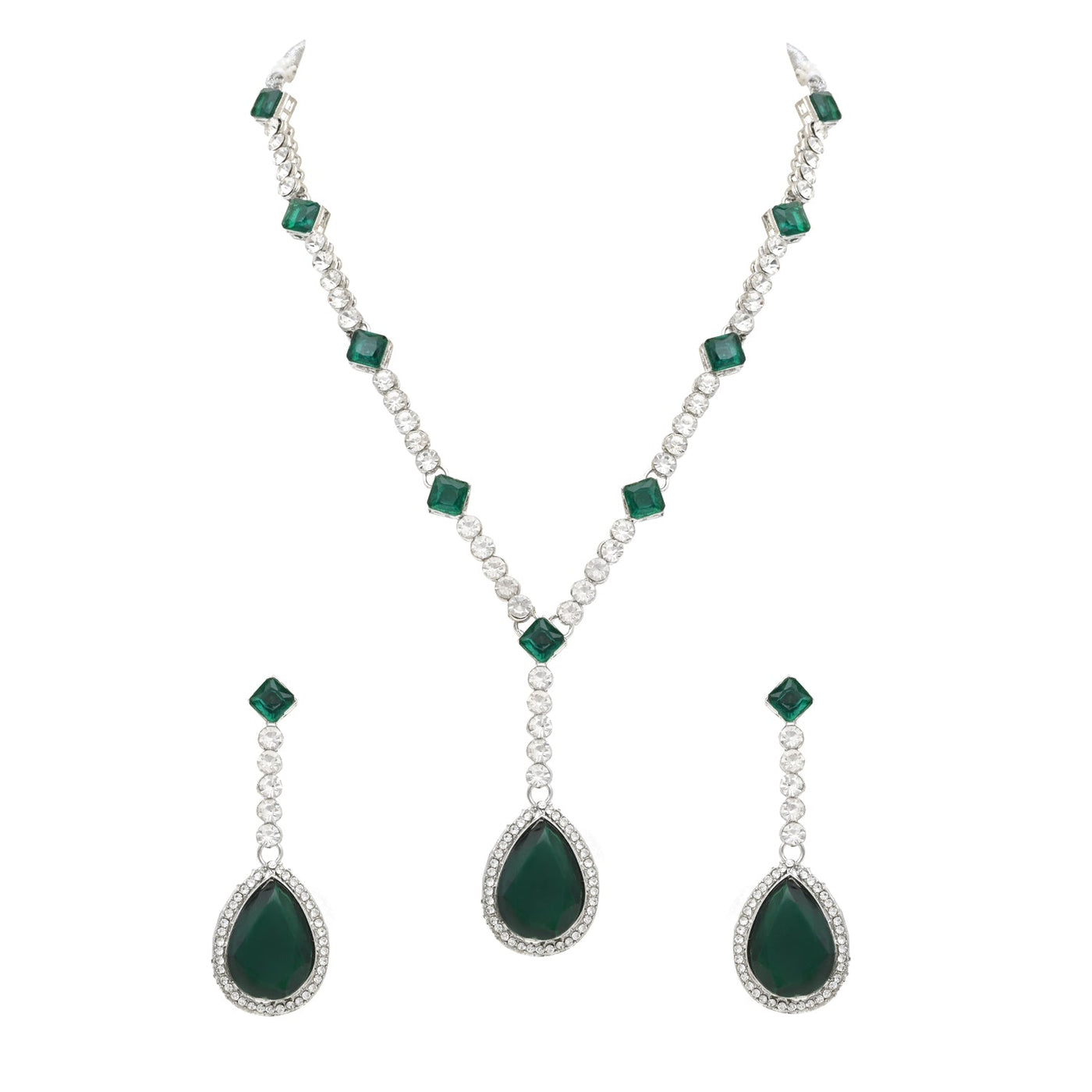 Crystal Drop Necklace in Silver with Green Stones | Bridal Jewellery India