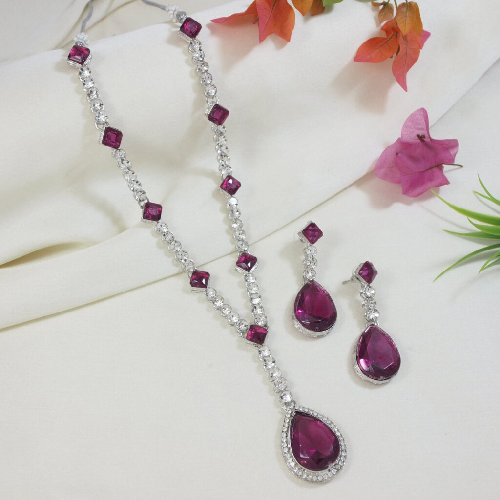 Crystal Drop Necklace in Silver with Wine Color | Bridal Jewellery India