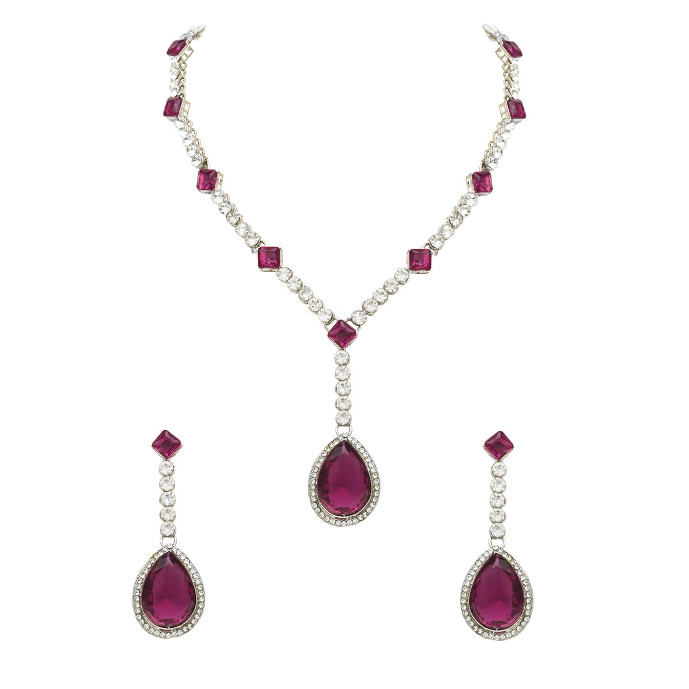 Crystal Drop Necklace in Silver with Wine Color | Bridal Jewellery India