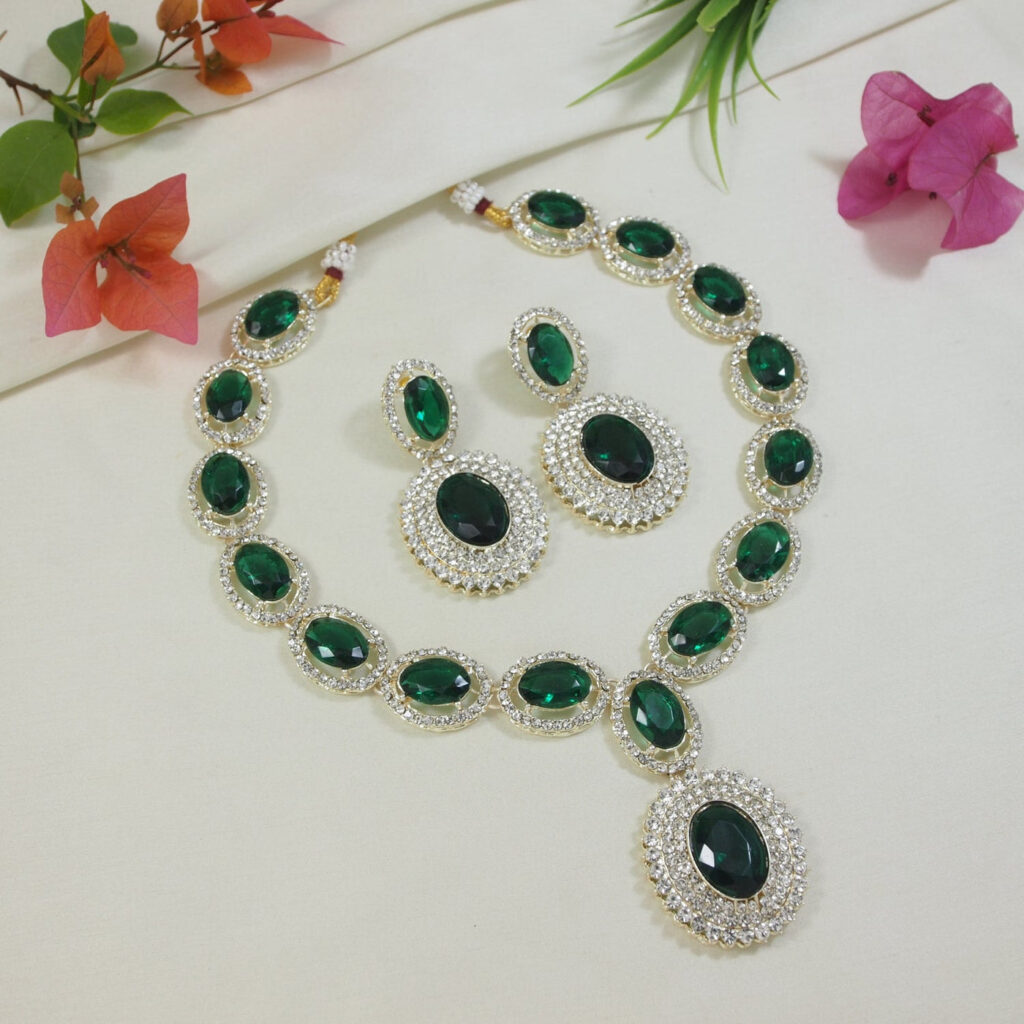 Crystal Diamond Necklace in Oxidised Silver | Bridal Jewellery India