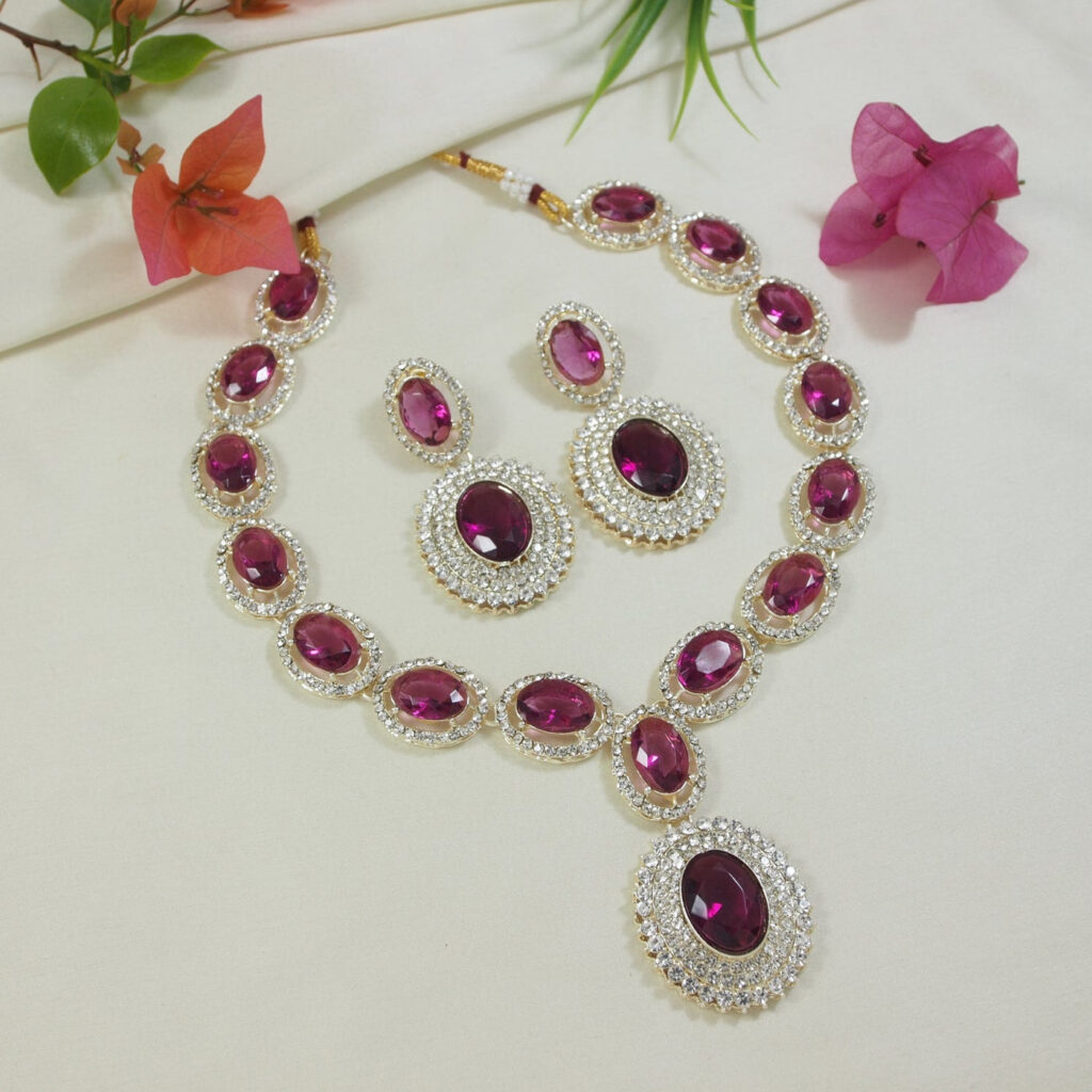 Crystal Diamond Necklace in Wine | Bridal Jewellery India