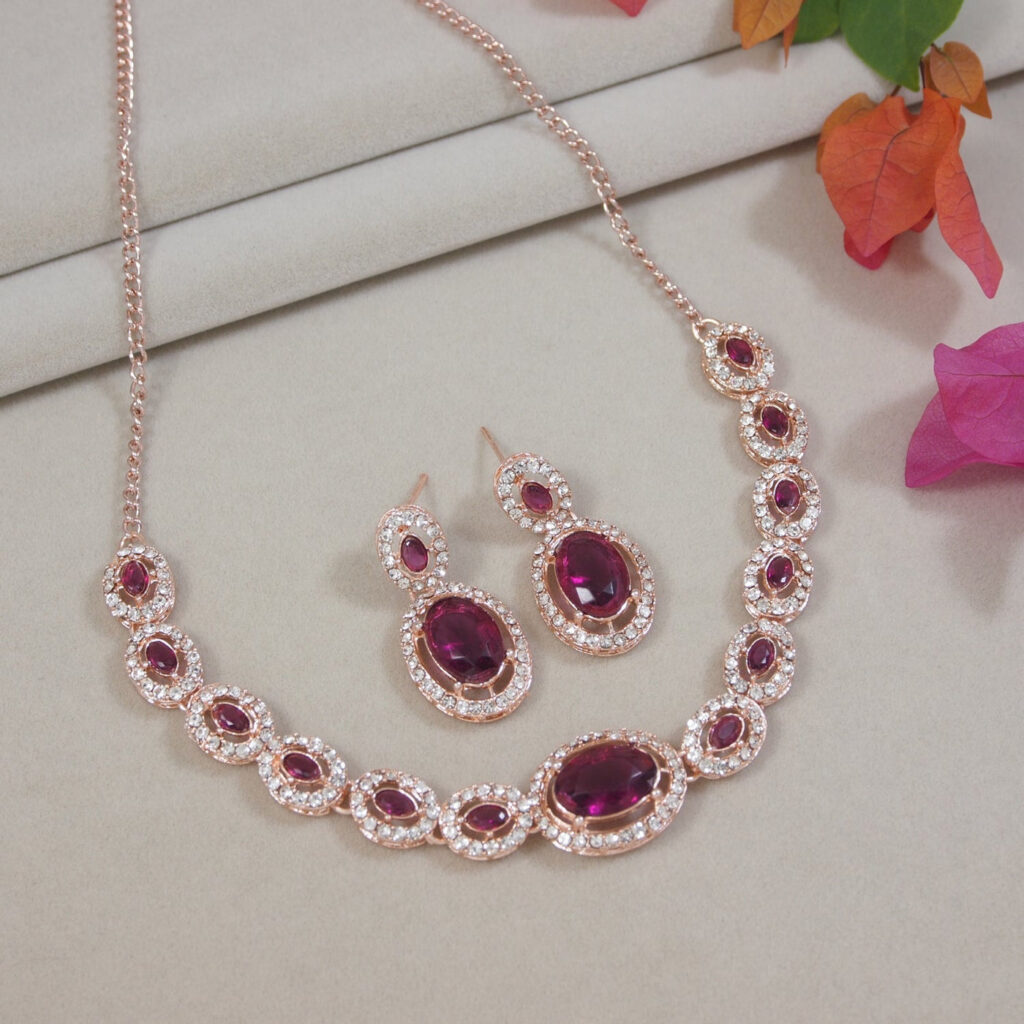 Rose Gold Plated Crystal Diamond Necklace for Women | Bridal Jewellery India